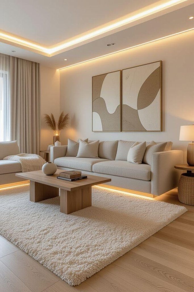 Modern living room with decorative cushions, wall art and home decor accessories.
